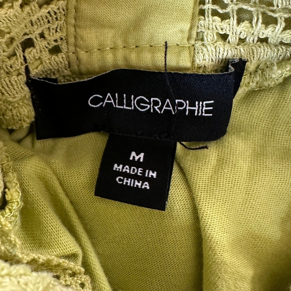 Calligraphie Blouse M Lime Green Cotton Crochet Lace Flutter Sleeve Top - Picture 4 of 9